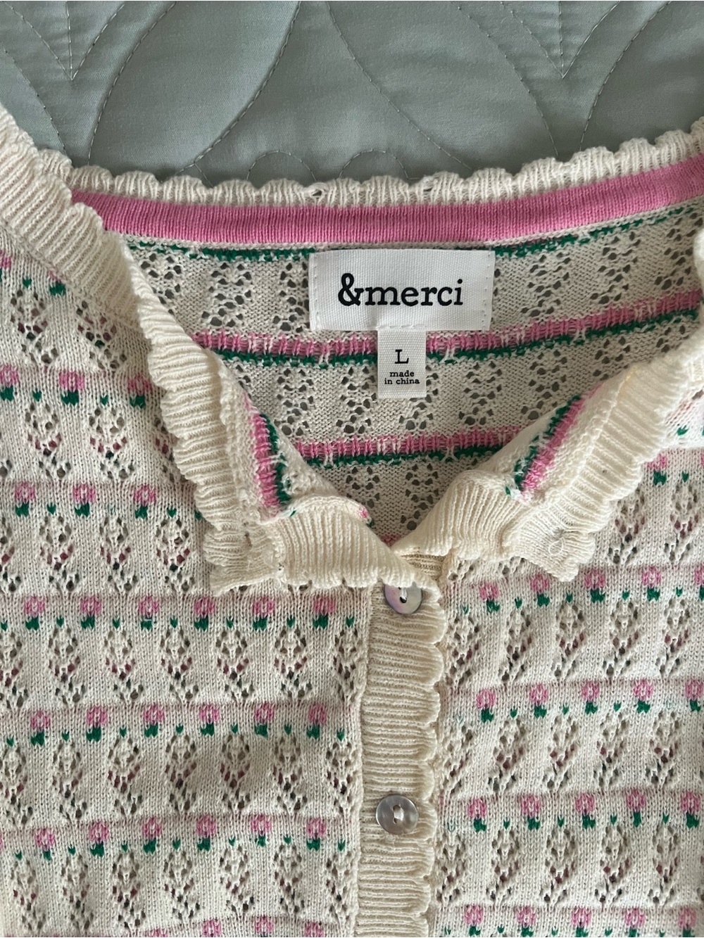 &merci Cream Openwork Cardigan with Pink and Green Trim